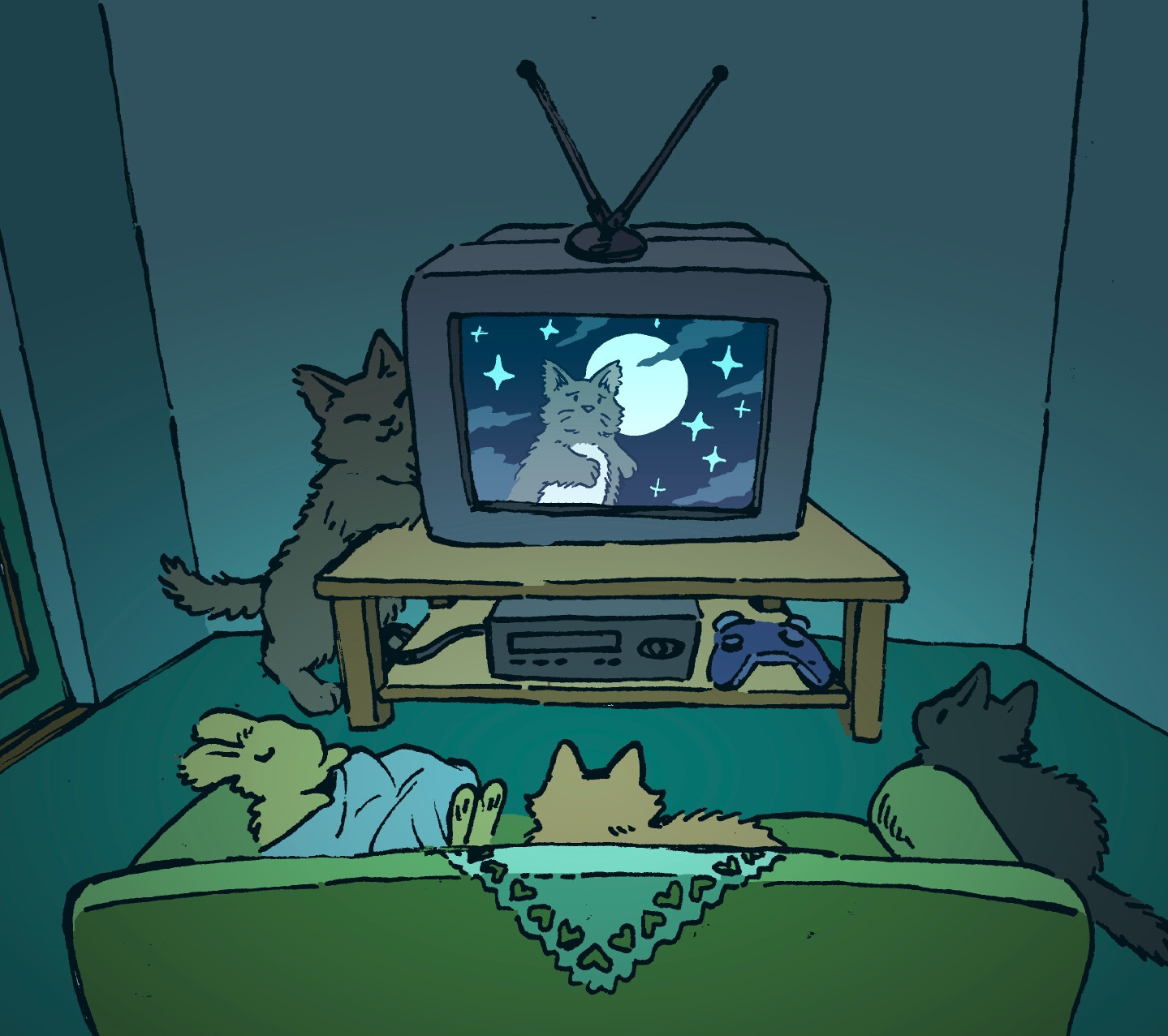 A bunny has fallen asleep on a couch, in front of a large TV in the living room. The TV is playing a scene from "Cats", but the only ones watching it are the bunny's three cats. The cats watch intently.