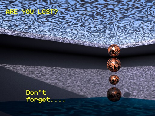 are you lost? Don't forget... while orange sphere floating above a pool with coulds overhead inside a brutalist room