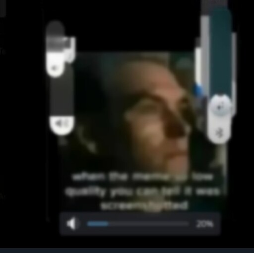 A blurry mobile screenshot of 'Homelander in theatre' meme with a barely legible caption stating "When the meme so low quality you can tell it was screenshotted" and multiple volume sliders from different applications and operating systems