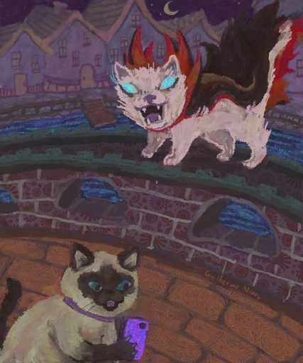 painting of a stupid cat distracted by his phone, about to be attacked by a vampire cat, which is snarling with its eyes glowing blue.
