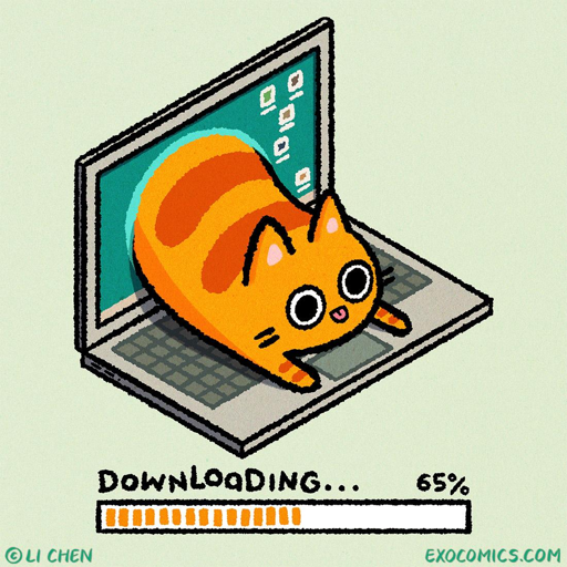 Drawing of an orange cat emerging from a laptop screen, and a "Downloading..." progress bar showing 65% at the bottom of the image.