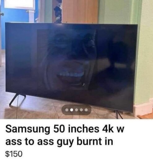 Listing for a Samsung 50 inch 4k TV with "ass-to-ass" guy burnt in