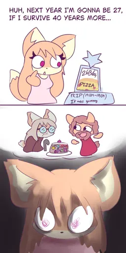 1st Panel  Kyoko looking a grave of her Birthday Pizza: Huh, Next Year I'm Gonna be 27, If I survive 40 years more.  2nd Panel  Kyoko imagines a young cousin giving her 67th birthday cake while doing the meme gesture and having an uncanny stare