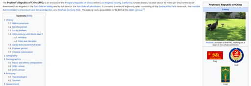 The Wikipedia article of Arcadia, California edited to look like a colony of China
