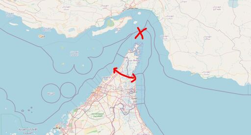 Screenshot of a map of the UAE region, a red x has been drawn on the Straight of Hormuz and a red line across the UAE connecting the Persian Gulf and the Gulf of Oman.