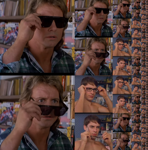 Recursive They Live Sunglasses meme, with glasses on in the top panel and off in the bottom, recursing into itself (top) and the Peter Parker Glasses meme (also glasses on first). OC