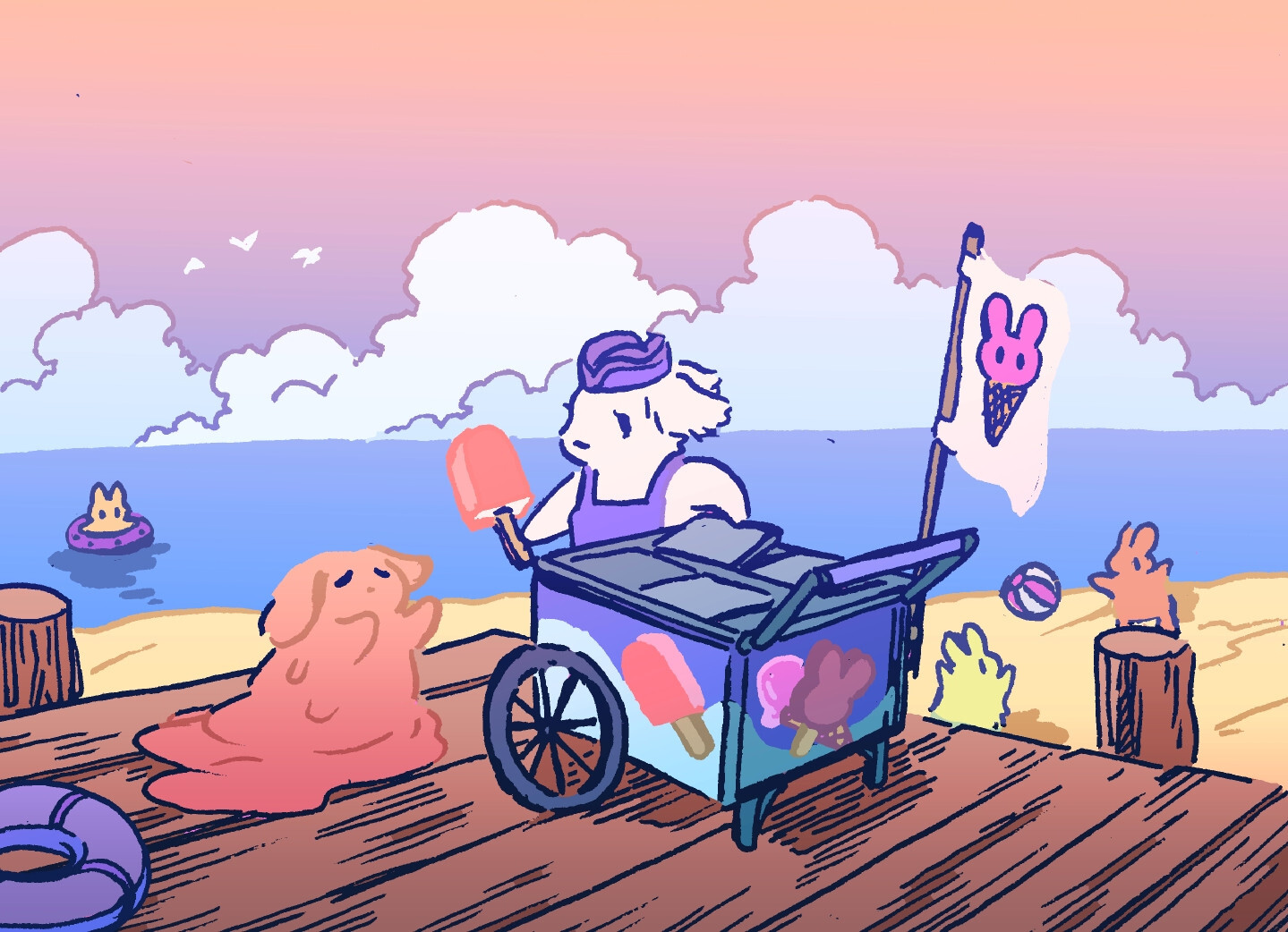A bunny ice cream man is on a boardwalk near a beach, selling popsicles and other snacks from a little ice cream cart. Another bunny, who takes a creamsicle from him, is literally melting into a puddle from the summer heat!