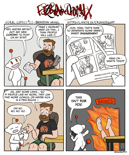 Reddit solicits content from a comic artist, but bans him when it discovers links in his post.